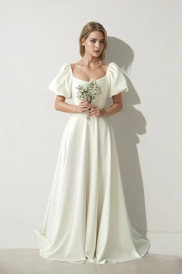 Off Shoulder A-line Modest Wedding Dress Ivory Simple Wedding Dress